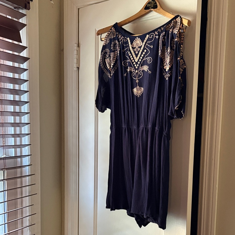 Elegant Navy Blue Embroidered Romper